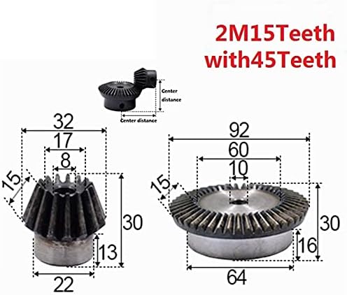 Indústria 2pcs 1: 3 engrenagem chanfrada 2 módulo 15 dentes Hole 8mm 45t Diâmetro interno 10mm 90 graus comutação de engrenagens de aço de comutação de aço
