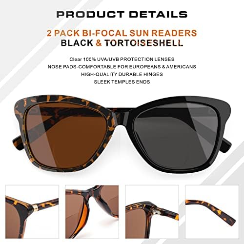 Kisdate Superior Bifocal Reading Sunglasses para Mulheres, Kisdate Retro Cateye Sun Readers UV400 Proteção, tons clássicos Black & Tortoise B3005