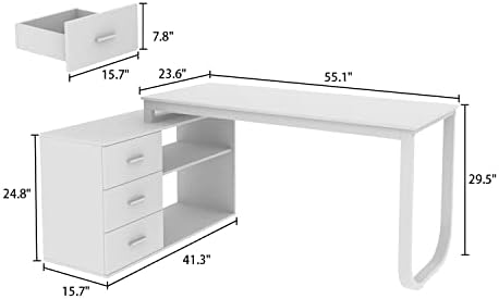 Fufu & Gaga Grande mesa de escritório em forma de 55,1 com 41,3 de arquivo, mesa de computador de canto com 3 gavetas e 2 prateleiras,