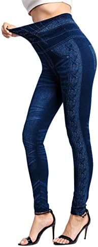 Yalfjv Yoga Calça Cintura alta com bolsos Mulheres jeans elásticas leggings Térmica imitação imitação de jeans calças justas