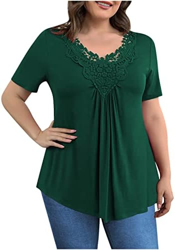 Camiseta superior para o outono feminino Summer Sanve Sleeve Rouve V Neck Lace Cotton Lounge Plus Size Size Basic Patchwork Tshirt 41 41