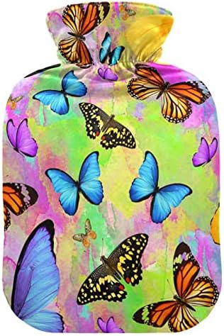 Garrafas de água quente com tampa de borboletas tropicais bolsa de água quente para alívio da dor, garotas femininas, bolsa de aquecimento de 2 litros