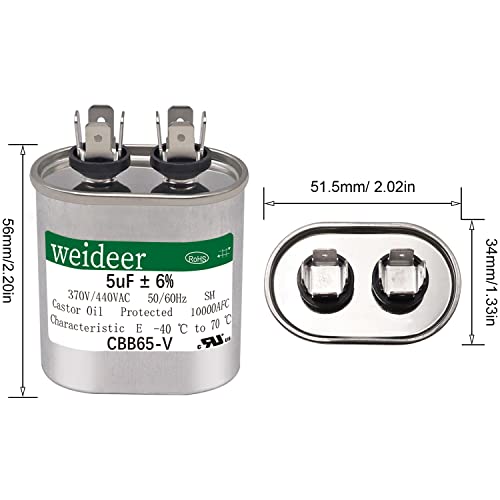 Weideer 5 MFD Capacitor 5 UF ± 6% 370/440 Vac CBB65 Oval Run Capacitor Iniciar para o ar de ar condicionado ou a bomba de calor