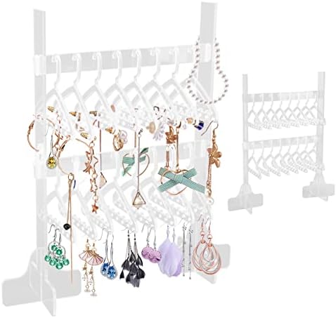 Posto do organizador do brinco, portador de jóias de acrílico claro e fofo com 16 mini cabides, armário transparente de brejo acrílico