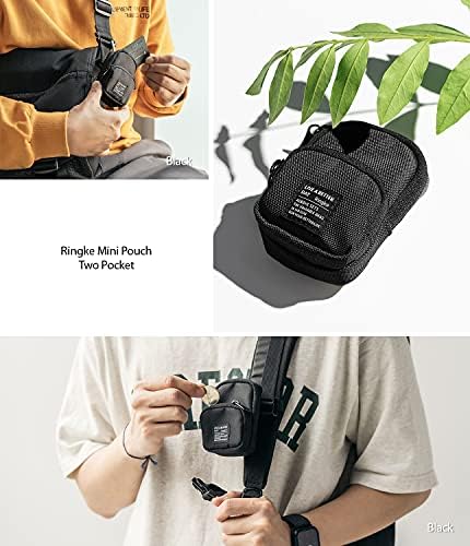 Bolsa de mini ringke [dois bolsos] Nylon carregando bolsa pequena para airpods, brotos de galáxia, fones de ouvido, cartões, id - preto