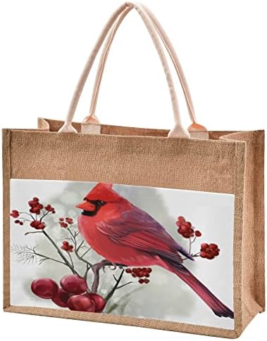 Winter Bird Cardinal Jute Bolsa Bag de Berry de Natal Bolsa Compras Reutilizável Bolsa de Bolsa de Praia Bolsas de Mercado de