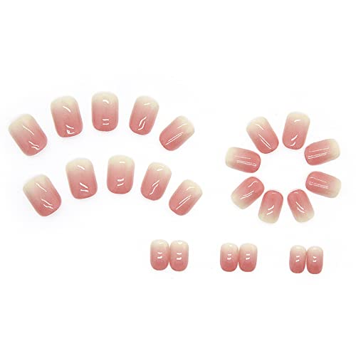 Cola de halo rosa de gradiente curto e quadrado natural em unhas falsas, manicure artificial de dedos, unhas falsas reutilizáveis