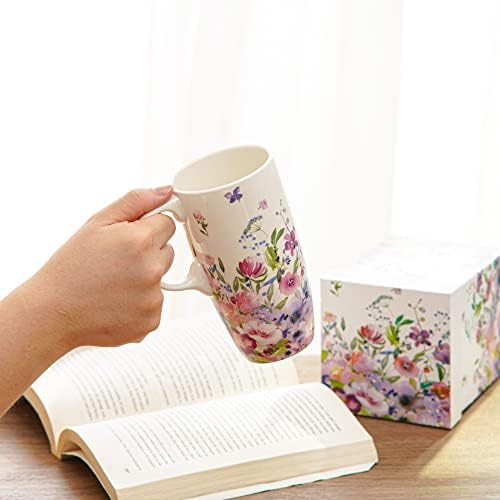 TopArorn Coffee Creamic Porcelain Porcelain Latte Tea Cup com tampa na caixa de presente 17oz, primavera, caneca do dia das