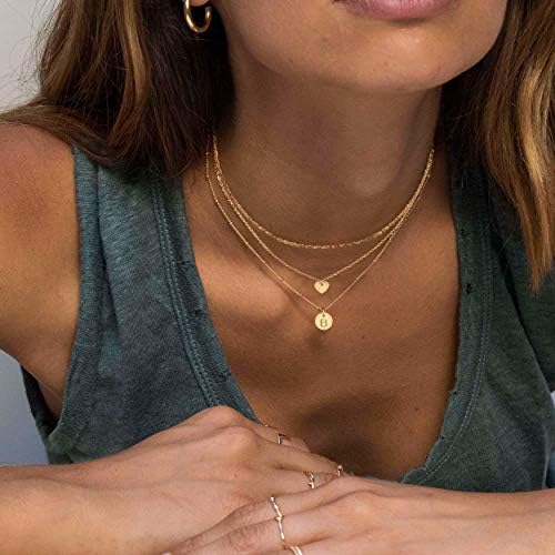 AIsansty Dainty em camadas colares iniciais de gargantilha feita artesanal 14K Gold de ouro minúsculo coração personalizado