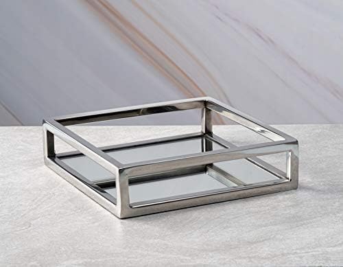 Bandeja de espelho quadrado de decoração de toque clássico com espelho-base-prata- medidas: 12 l x 12 w x 2 h