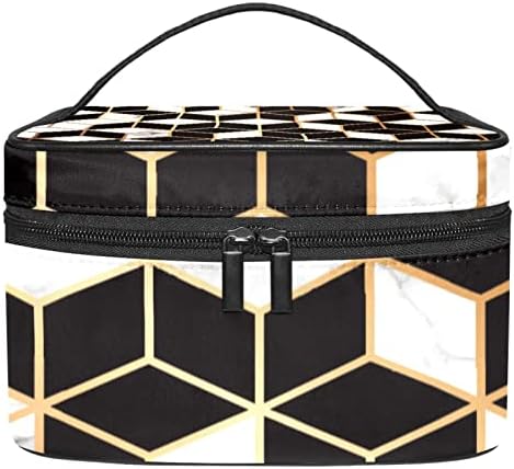 Bolsa de maquiagem de viagem Yoyoamoy, padrão geométrico de linha dourada preto branco grande caixa cosmética Make Up Organizer com compartimento de escova, bolsa de beleza à prova d'água para meninas mulheres