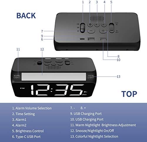Despertador digital de Netzu para quartos, alarmes de cabeceira com 8 colorido de luz noturna, tela LED grande, alarme duplo, escurecimento, porta do carregador USB, relógio para crianças, adolescentes, idosos