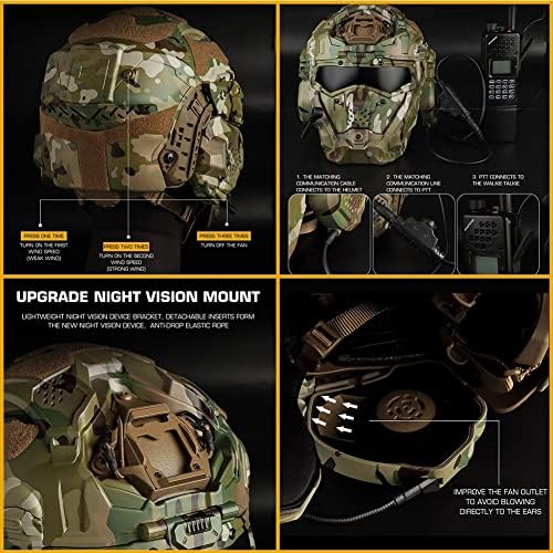 Zonesbo Tactical AirSoft Capacete de máscara facial, fone de ouvido tático, fã anti-capa, óculos deslizantes de viseira, capacete de combate para filmagem de paintball