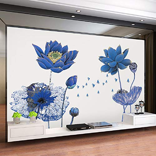 Amaonm Creative Gaint Cartoon Blue Lotus adesivos de parede Removível Flores DIY decoração de berçário Decalques de parede 3D Peel e Art Stick para paredes para casa Garotas quarto da sala de aula banheiro da sala de aula