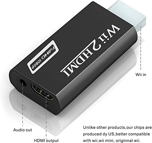 Adaptador Wii HDMI Adaptador de conversor, Wii para HDMI 1080p Connector Saída Vídeo de 3,5 mm de áudio - suporta todos os modos de exibição Wii, preto