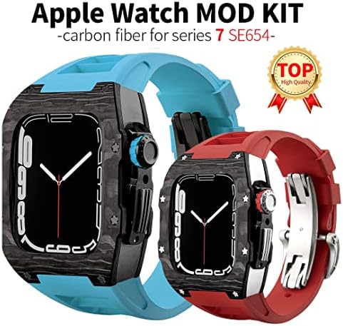 Caixa de luxo de fibra de carbono Kanuz para Apple Watch Band 45mm Series 8 7 6 Aço inoxidável para Iwatch Series 5 4 SE 44mm DIY Kit de modificação