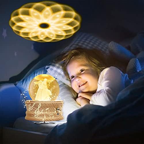 Caixa de música de Crystal Ball 3D Hwawhin com luz LED de projeção e base de madeira rotativa para Natal, aniversário,