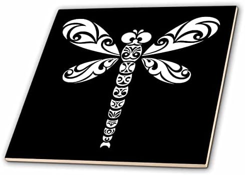 3drose Dragonfly White Tribal Tattoo Style Art em preto - azulejos