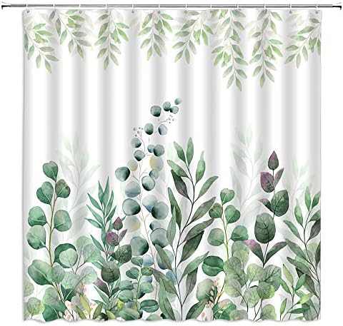 Eucalipto verde folhas de chuveiro cortina de aquarela folhas de sálvia folhas de sálvia floral Natureza Botânica Decoração de banheiro de tecido branco com ganchos