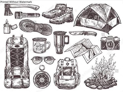 Poster de arte de parede impressão de conjunto de acessórios e equipamentos turísticos para aventuras e camping ao ar livre. Esboce ilustrações: faca, bússola, machado, barraca, fogueira, botas, mochila, xícaras, mapa,