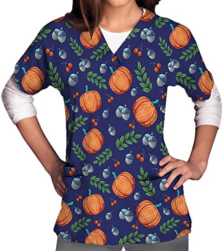 Halloween Print Scrub-tops para mulheres respiráveis ​​Pumpkin Bat Pattern T-shirts T-shirts Tee Tops com bolsos