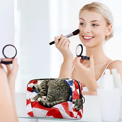TBOUOBT SACOS COSMETOS Sacos de maquiagem para mulheres, bolsas de maquiagem pequenas bolsas de viagem, bandeira dos EUA e gato