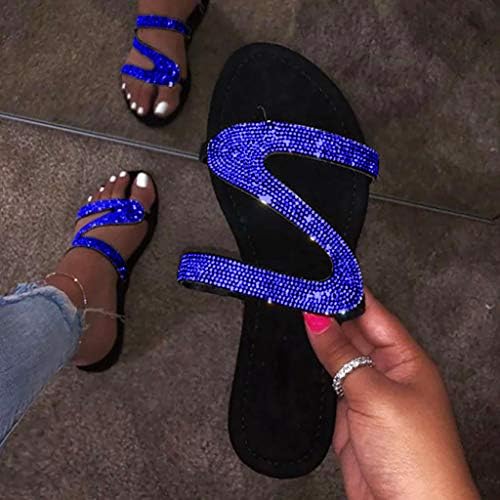 Sandálias planas de Eduavar para mulheres, feminino 2021 verão Bohemian Crystal Diamond Flats Sapatos de praia Sandálias de dedão do pé
