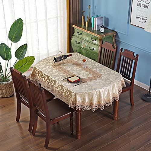 Qsyhome renda oval de cetim de bronze jacquard de tecido jacquard toalha de mesa de flor bordado tampa de mesa oco esculpida para mesas ovais 60 x 84 polegadas