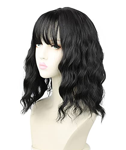 ShareBeauty Bob sintético peruca para mulheres Wavy Curly Full Wig com Bangs Black