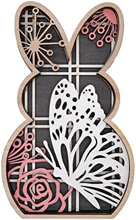Decoração de mesa de páscoa de coelho de madeira, placa criativa de coelho de madeira com borboleta e flores pintadas esculpidas por dentro, sitter rústico de coelho de coelho