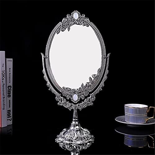 Espelho de mesa de maquiagem vintage jjry, espelho oval de desktop de dois lados, com moldura em relevo de metal e suporte para o quarto com código