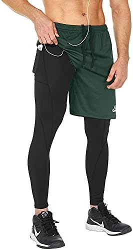 Silkworld Men's 2 em 1 calça de corrida compressão de calças atléticas Legging com os bolsos do zíper