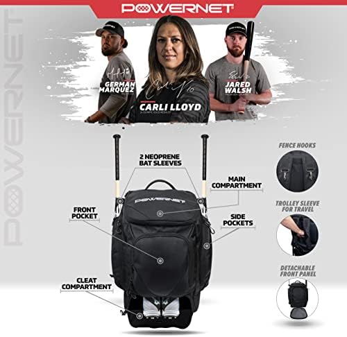 PowerNet Surge Baseball Softball Batball Bat e equipamento Backpack Bag | Compartimento de calçados ventilado | 2 mangas