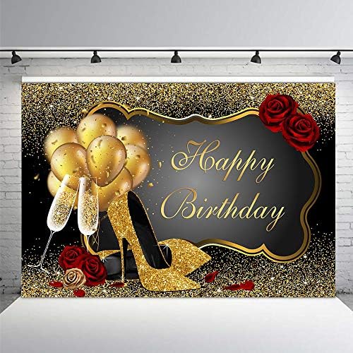Mehofond 5x3ft preto e dourado foto de aniversário background adereços Glitter ouro saltos altos balões champanhe rosa vermelha rosa