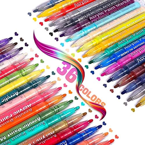 Anyangjia acrílico marcadores de tinta, 36 cores Marcador de tinta Conjunto de caneta para pintura de pedra, tela, madeira, vidro, tecido, metal, plástico, artesanato de artes, materiais de arte para adultos crianças
