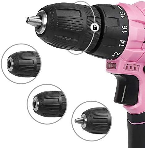 WorkPro 12V Drill sem fio rosa e kit de ferramentas domésticas, ferramenta manual de 61 peças para bricolage, manutenção doméstica, saco de armazenamento de 14 polegadas incluído e bateria sobressalente para substituição