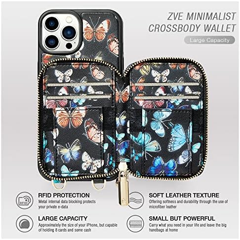 ZVE iPhone 14 Pro Max Butterfly Wallet Crossbody, capa de telefone com zíper com bloqueio de bloqueio RFID bolsa de pulseira