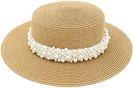 Adahop Women Boater Straw Hat Outdoor Seaside Beach Sun Sun Top Sun Caps com Wide Pearl Decoration Band feminino