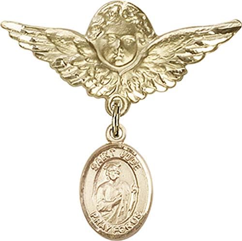 Rosgo do bebê de obsessão por jóias com o charme de St. Jude Thaddeus e anjo com Wings Badge Pin | Crachá de bebê de ouro