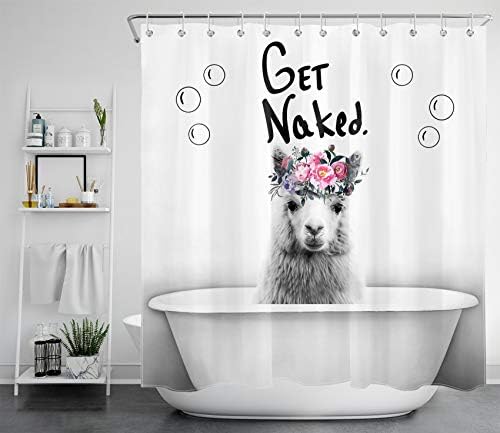 HVEST Get Naked Llama Curtain, alpaca engraçada com flores rosa na cortina de chuveiro de banheira para banheiro, cortina