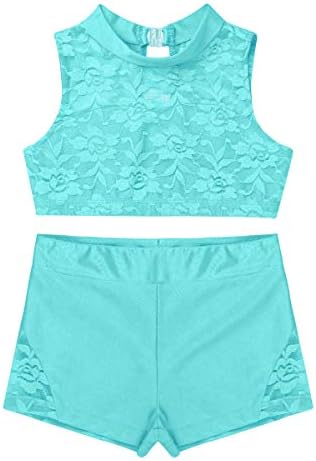 Moily Girls 2pcs Floral Lace High Turtleneck Crop Top com Booty Shorts Ginástica