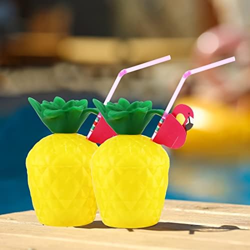 12 sets Decorações de festas havaianas incluem copos de abacaxi plástico com palhas flamingo lesas havaianas 9 pés x 29 polegadas saia de mesa de grama luau para festa havaiana, suprimentos para partido luau aloha favor