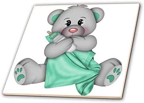 Urso de bebê fofo 3drose com cobertor verde e ilustração de garrafas - azulejos