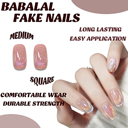 Babalal Square Press On Nails Medium Unhas Falsas cola cromada rosa em unhas unhas de acrílico de esboço brilhante para mulheres e meninas
