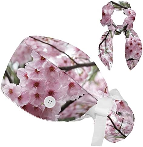 Bapa de trabalho de flor de flor de cerejeira japonesa com botão e banda de suor ajustável unissex amarra de volta, enfermeira, boné