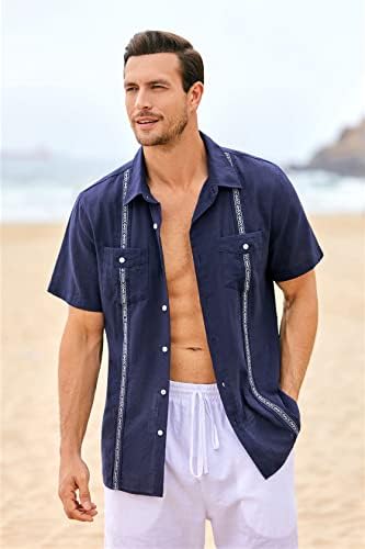 Masculino cubano guayabera camisas de linho de algodão camisa de manga curta casual button button button pocket shirt