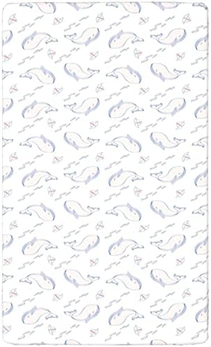 Folhas de mini-berço com temas de baleias, lençóis de berço portáteis lençóis macios e respiráveis ​​lençóis de colchão ou lençol de criança, 24 x38, azul marinho azul vermelho