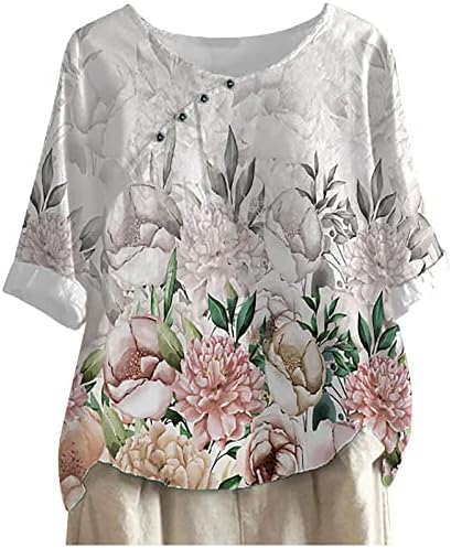 Top camiseta para feminino 1/2 manga de manga botão de pescoço para cima do gráfico floral solto ajuste descontraído Top KJ