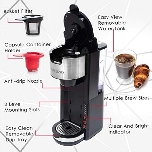 Mixpresso Single Serve 2 em 1 Caffeer Brewer K-Cup Poço compatível e moído café, cafeteira compacta Soltutas com reservatório destacável de 30 oz, tamanho de 5 cerveja e bandeja de gotejamento ajustável