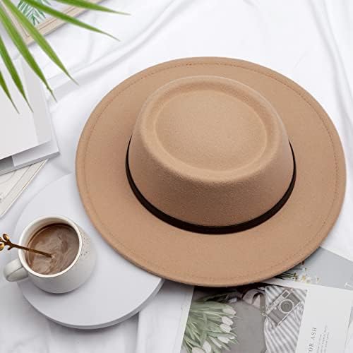 Drechow Women Belt Burchle Fedora Hat Classic Wide Brim Felt Panamá chapéu